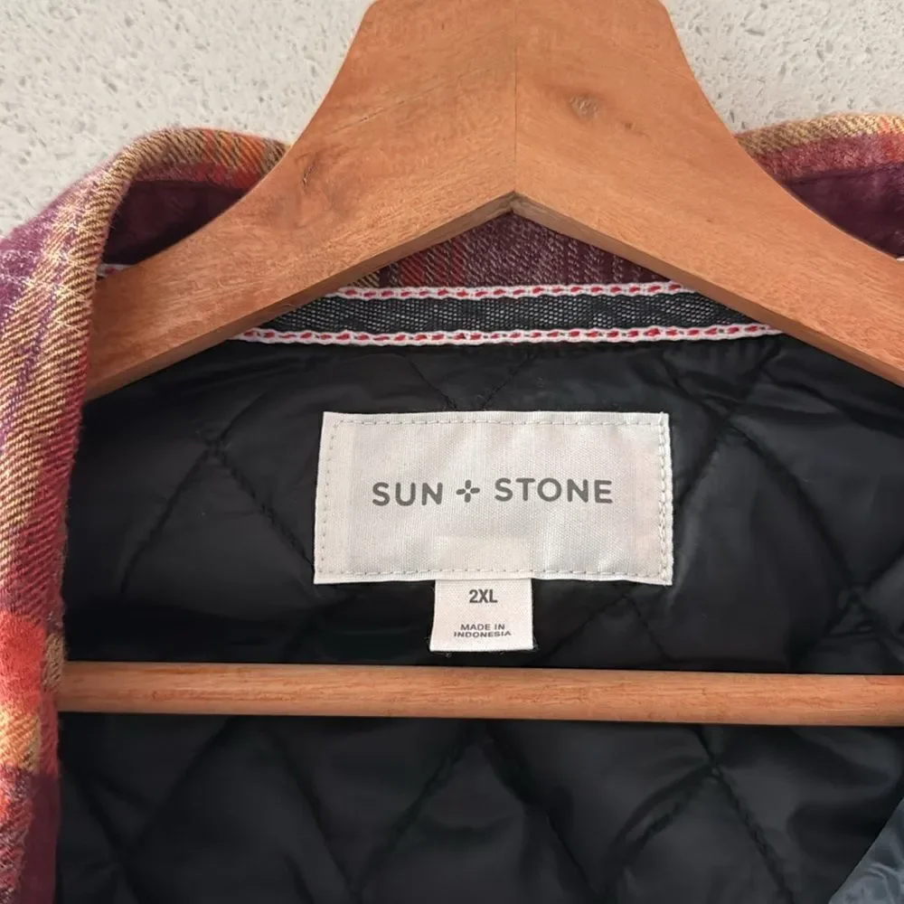 Sun & Stone Men's Plaid Flannel Shirt Shacket Burgundy Yellow Jacob Shirt Jacket